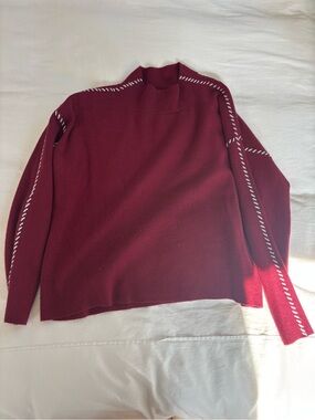 Anthropologie Burgundy Turtleneck Sweater with White Stitching